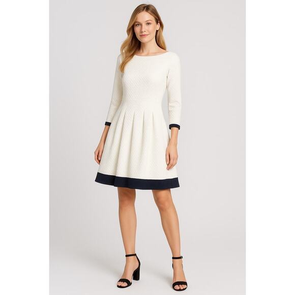 Eliza J White Fit & Flare Textured Knit Dress 8 Elegant Boat Neck 3/4 Sl A-Line - Picture 7 of 8